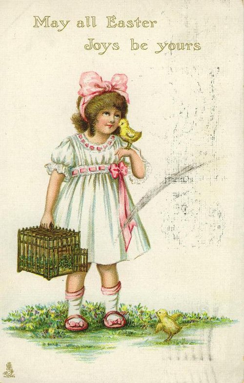 Victorian Easter Card with Girl, Chicks & Birdcage