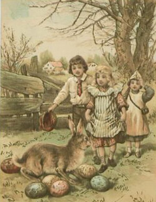 Victorian Easter Greeting Card Children Eggs Rabbit Spring
