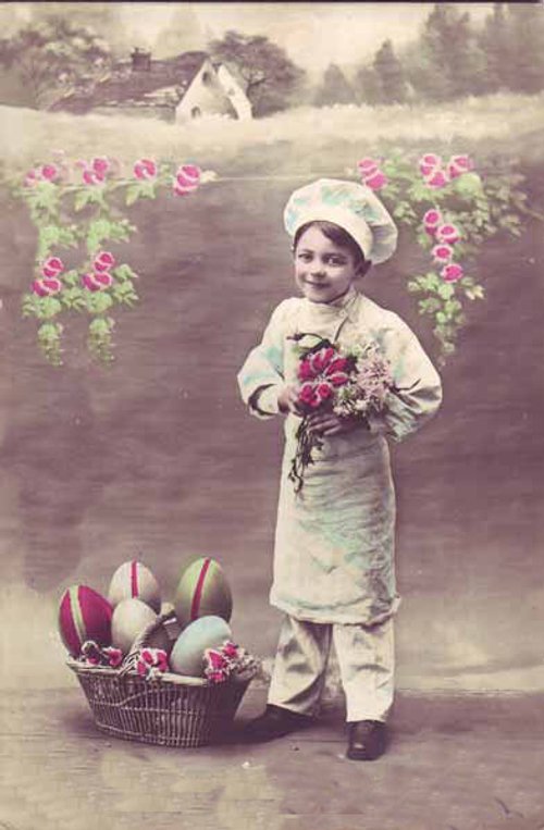 Edwardian Easter Child with Eggs & Roses Vintage Greeting Card