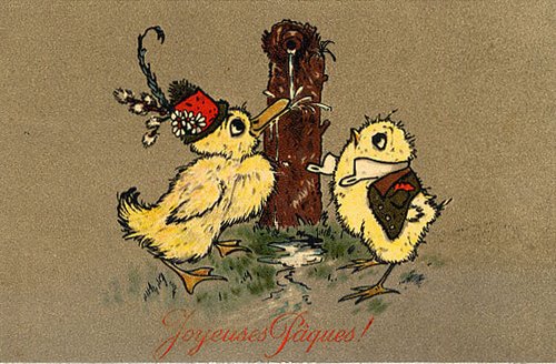 Vintage Easter Chicks with Red Hat & Pipe - Edwardian Greeting Card