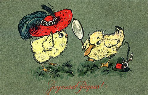 Vintage Easter Greeting Card with Adorable Chicks in Red Hat