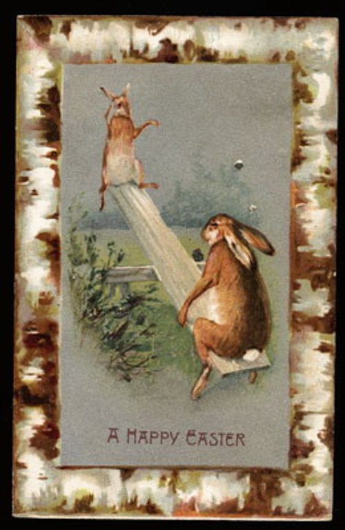 Victorian Easter Greeting Card with Rabbits on a Seesaw - Antique