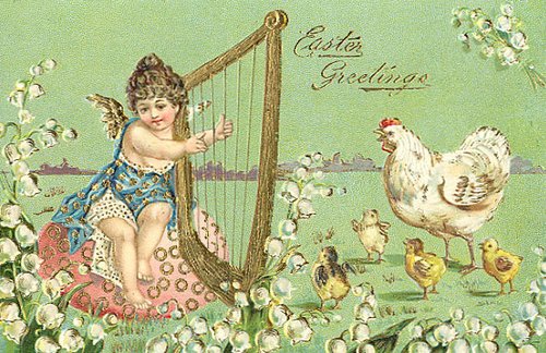 Victorian Easter Greetings Card with Cherub & Harp