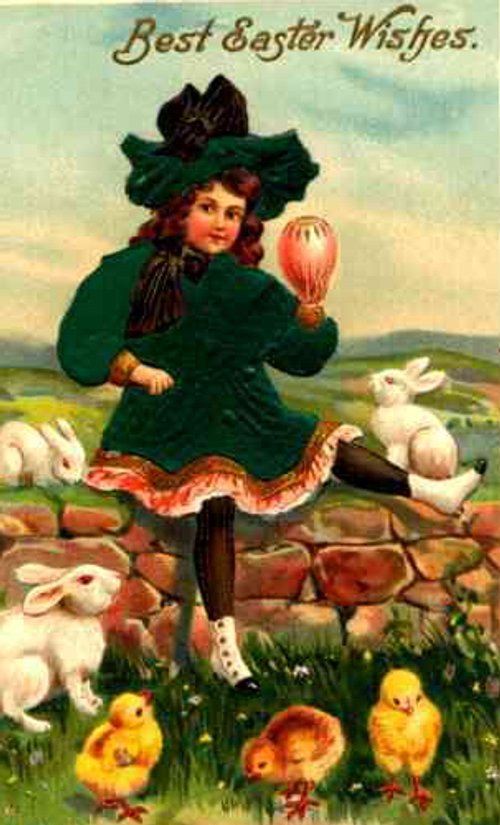 Victorian Easter Greeting Card Girl with Chicks & Eggs