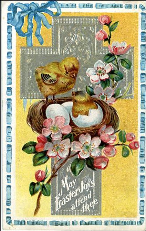 Victorian Easter Chick Nest Flowers Vintage Greeting Card