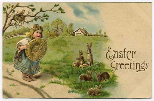 Victorian Easter Greetings Card with Girl and Rabbits