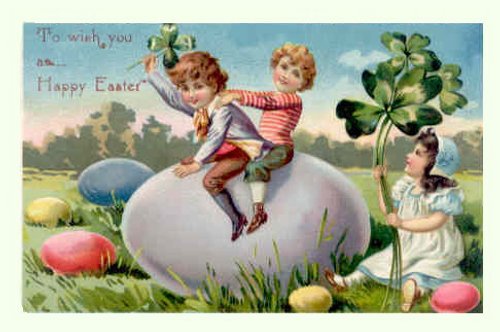 Victorian Easter Greeting Card Children Giant Egg Clover