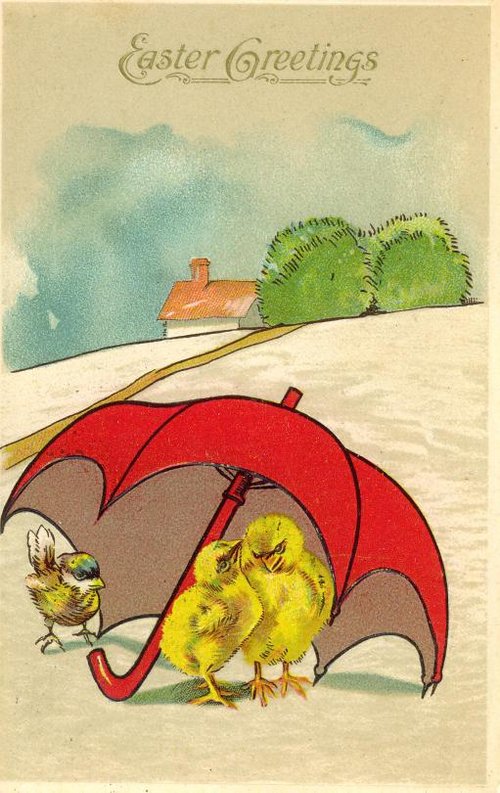 Edwardian Easter Greetings Card with Yellow Chicks & Red Umbrella