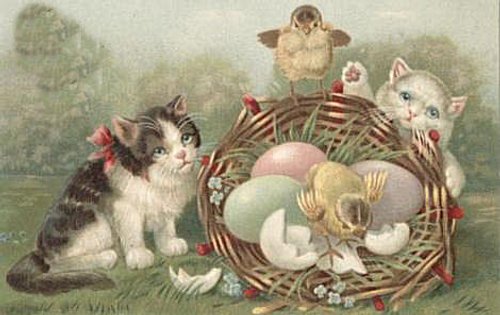 Victorian Easter Cats Chicks Basket Vintage Greeting Card