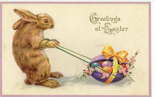 Vintage Easter Greeting Card with Bunny & Egg Cart, Early 1900s