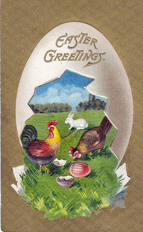 Vintage Easter Greetings Card with Farmyard Animals in Egg Die-Cut
