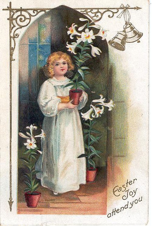 Victorian Easter Greeting Card with Child & Lilies