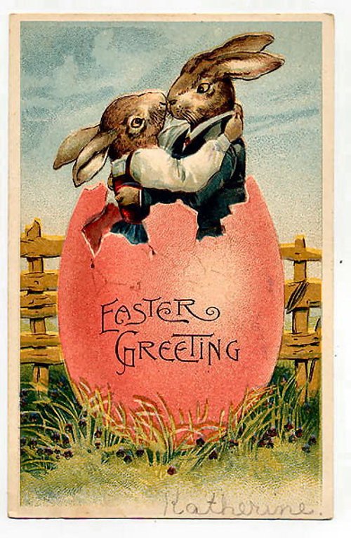 Vintage Easter Greeting Card Anthropomorphic Rabbits Egg
