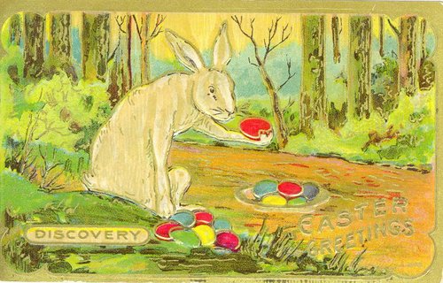 Vintage Easter Greetings White Rabbit Painted Eggs Forest