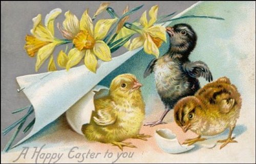 Victorian Easter Greeting Card with Chicks and Daffodils