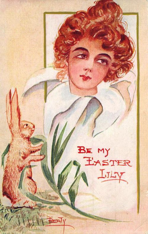 Vintage Easter Greeting Card with Red-Haired Beauty and Rabbit