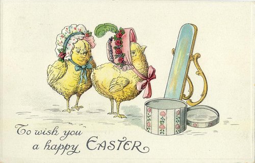 Vintage Easter Greeting Card with Anthropomorphic Chicks & Mirror