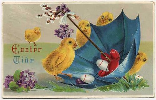 Victorian Easter Greeting Card with Chicks and Umbrella