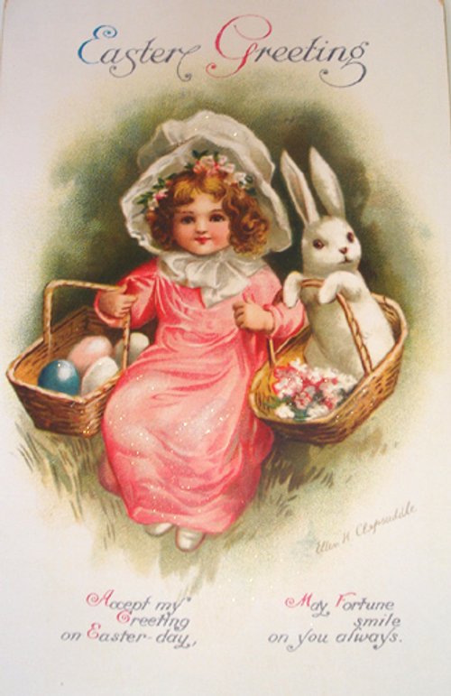Victorian Easter Greeting Card with Girl and White Rabbit
