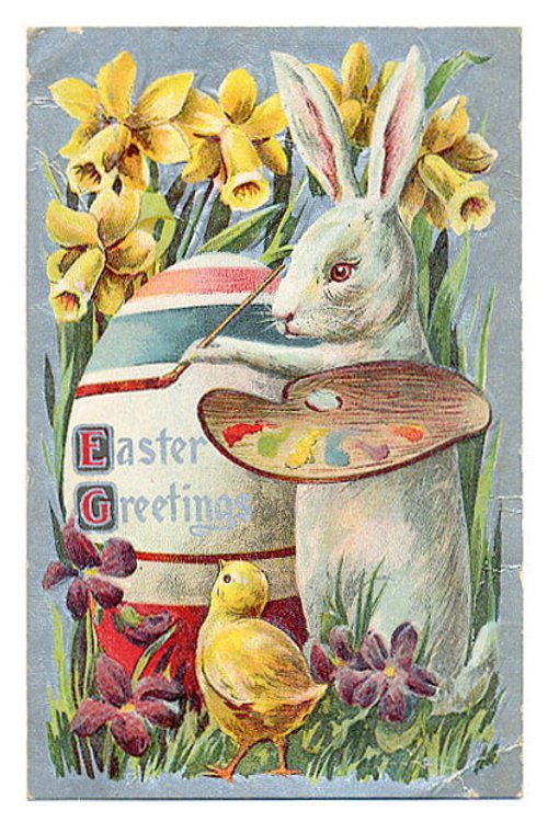 Victorian Easter Greeting Card with Rabbit Artist and Daffodils