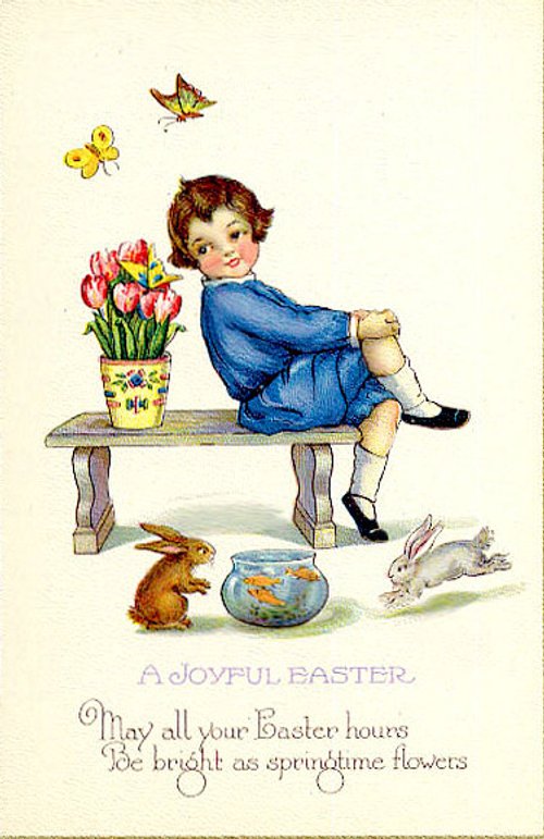 Vintage Easter Greeting Card with Child, Flowers & Animals