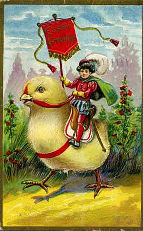 Victorian Child on Giant Chick Card - Whimsical Vintage Greeting