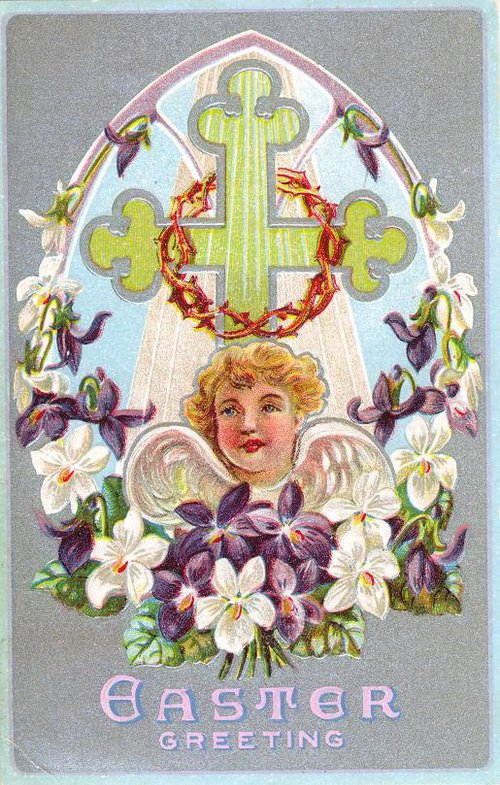 Vintage Easter Greeting Card with Angel, Cross & Flowers