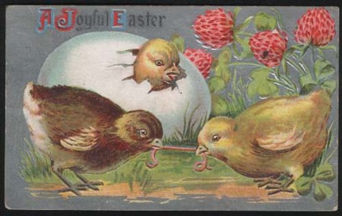 Victorian Easter Greeting Card with Hatching Chicks & Red Clover