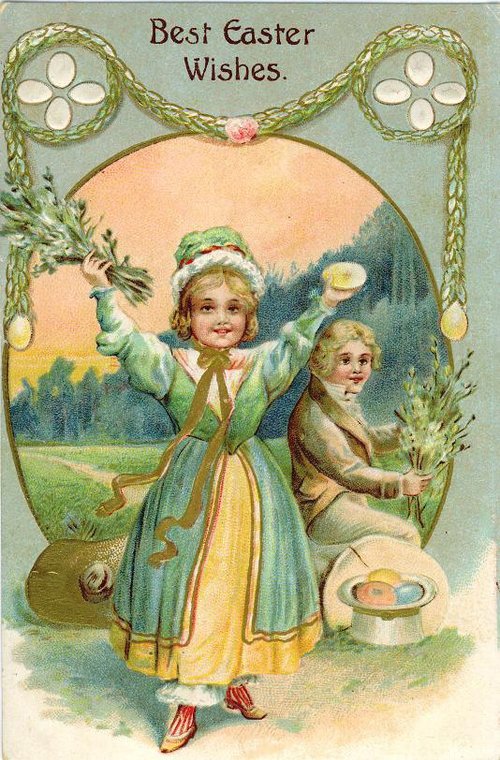 Vintage Easter Greeting Card with Children & Eggs, Victorian Era