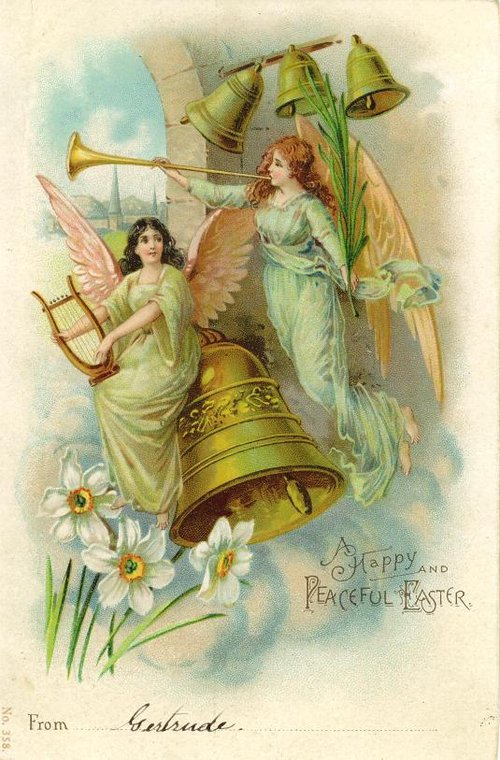 Victorian Easter Greeting Card with Angels and Golden Bells