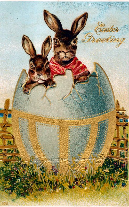 Vintage Easter Greeting Card with Rabbits in Giant Egg, 1900s