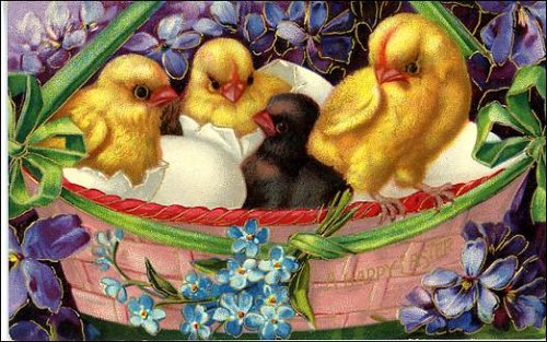 Victorian Easter Greeting Card with Chicks & Purple Flowers