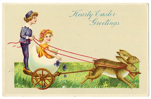 Vintage Easter Greeting Card: Children with Easter Bunny Cart