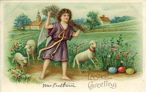 Victorian Easter Greeting Card with Angel & Lambs