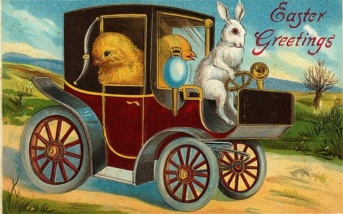 Vintage Easter Greeting Card Motorcar Chick Rabbit