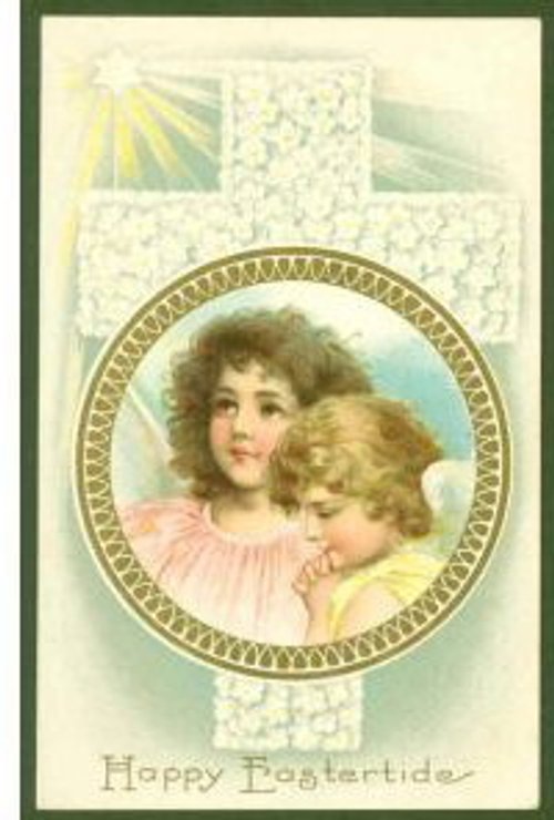 Victorian Easter Greeting Card with Ornate Circular Frame, Cross Motif & Children