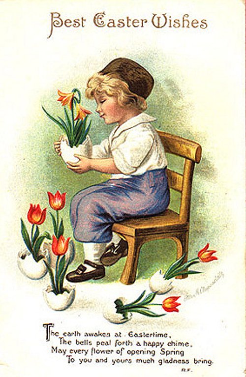 Victorian Easter Greeting Card Child with Spring Flowers