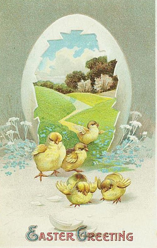 Vintage Easter Greeting Card with Chicks and Landscape Window