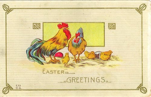 Vintage Easter Greeting Card with Rooster and Chicks