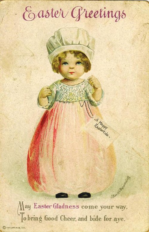 Vintage Easter Greetings Card with Girl in Bonnet, Early 1900s