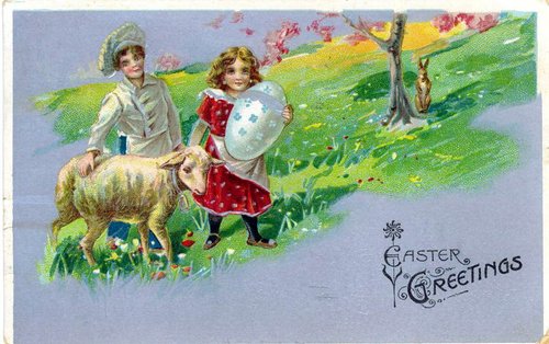 Vintage Easter Greetings Card: Children & Lamb, Edwardian Era