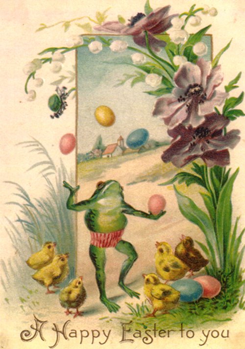 Vintage Easter Greeting Card with Frog & Chicks - Victorian Era