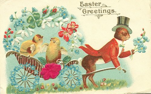 Victorian Easter Greeting Card with Anthropomorphic Rabbit & Chicks