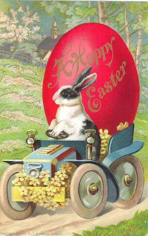 Vintage Easter Greeting Card: Rabbit in Egg-Shaped Car, Early 1900s