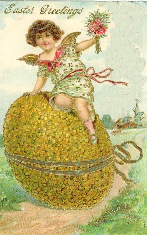 Victorian Easter Greetings Angel Cherub Giant Egg Chromolithograph
