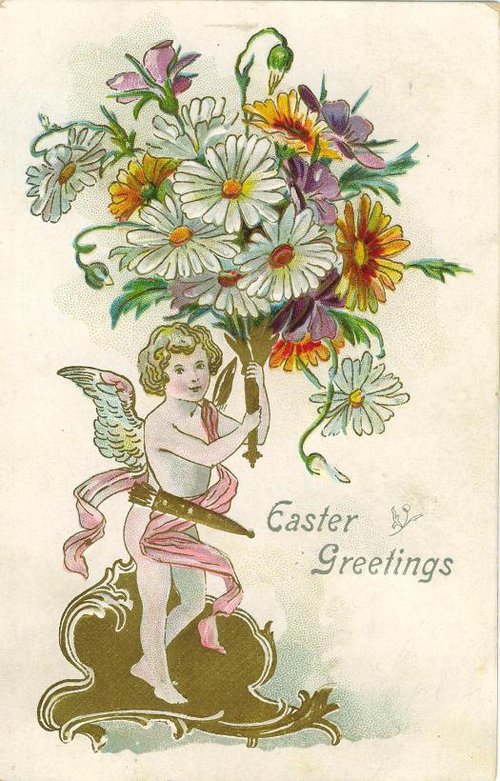 Victorian Easter Greetings Card with Cherub and Daisies