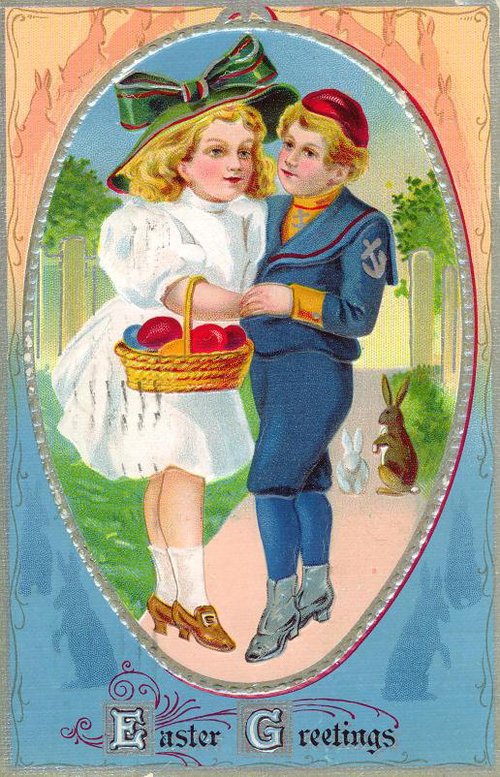 Vintage Easter Greetings Card Children Basket Rabbit Early 1900s