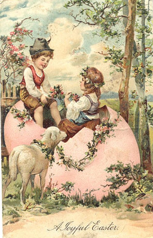 Victorian Easter Greeting Card with Children & Lamb