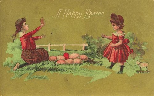 Victorian Easter Greeting Card with Children and Eggs
