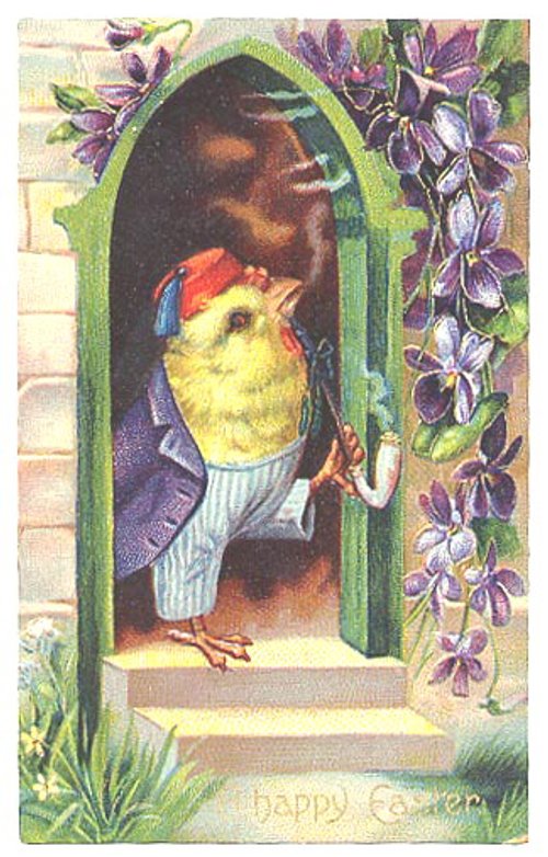 Vintage Easter Greeting Card with Chick in Doorway & Purple Flowers